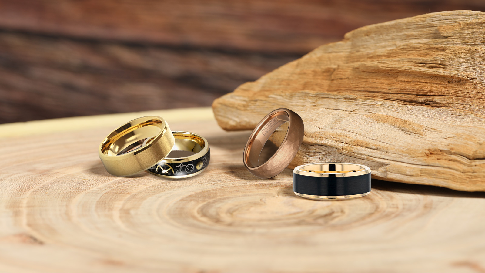 yellow gold wedding bands on the stone